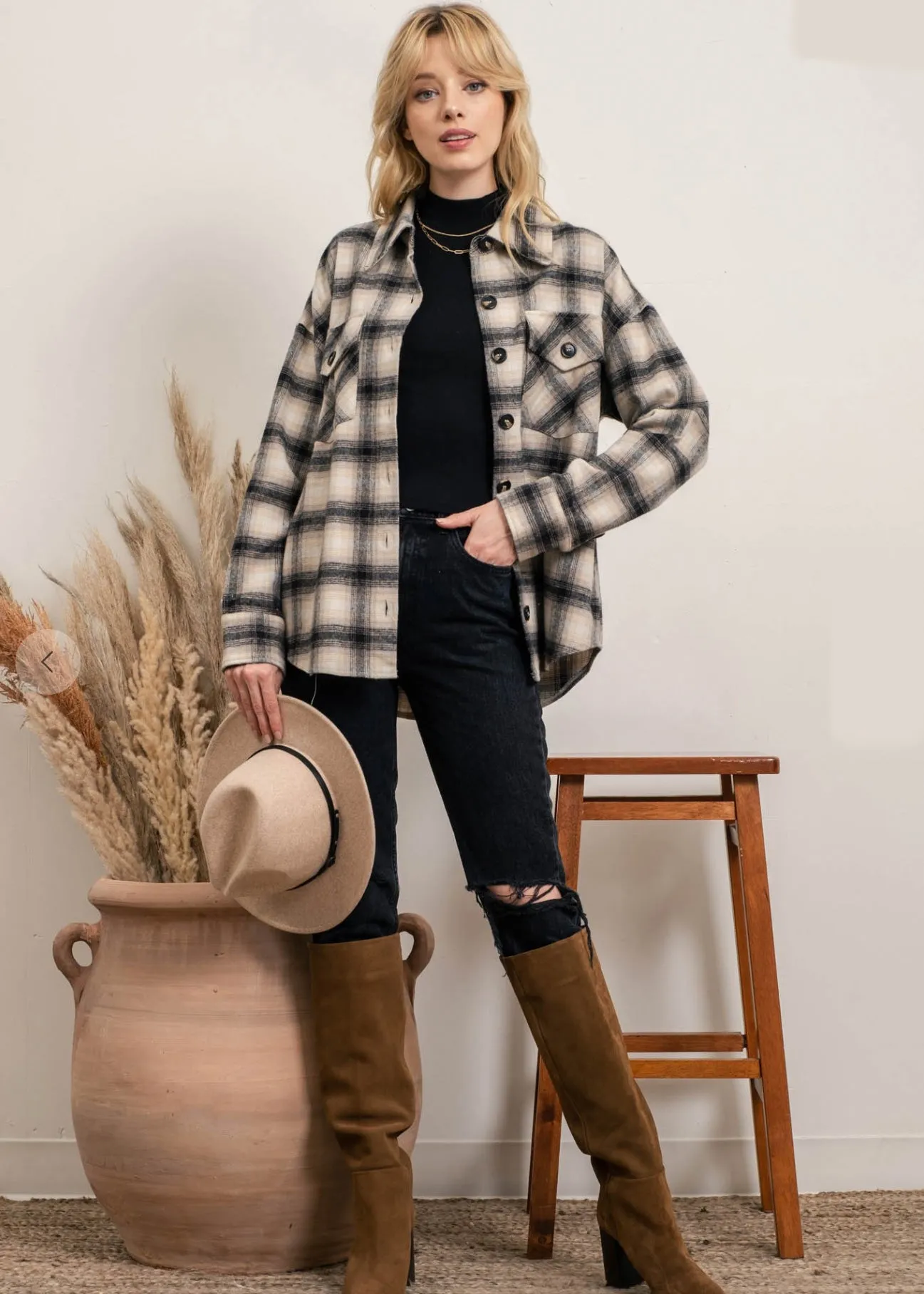 Crisp Night, Over Size, Plaid Shacket, Taupe and Black Plaid