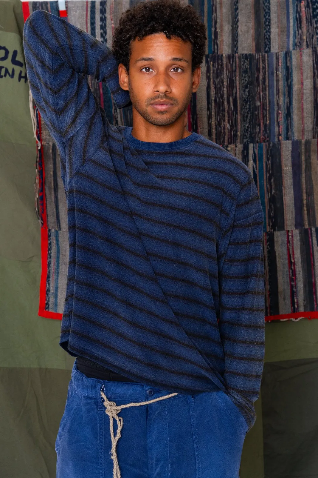 Derrick T Stripes Hemp/Organic Cotton Sunfaded Sailor Blue
