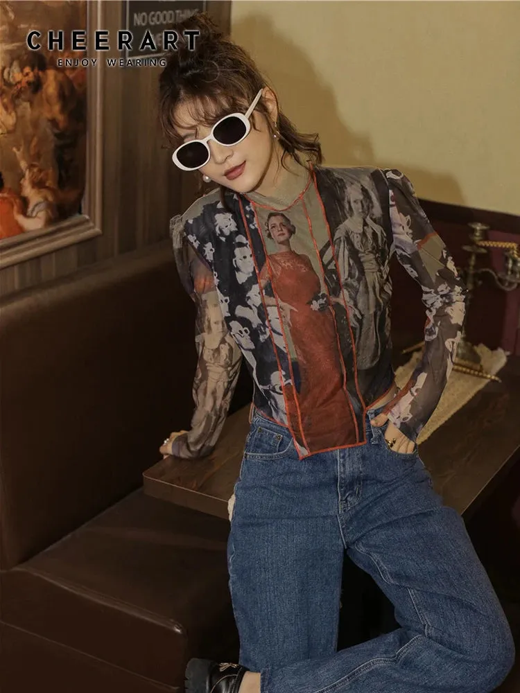 Long Sleeve Vintage Mesh Turtleneck Top