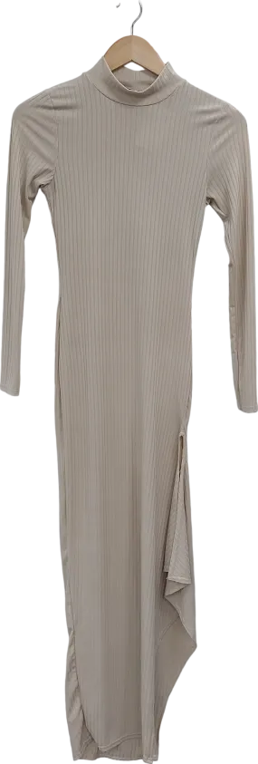 PrettyLittleThing Beige Side Split Ribbed Maxi Dress UK 6