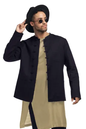 Solid linen blend shacket with knot buttons and patch pockets