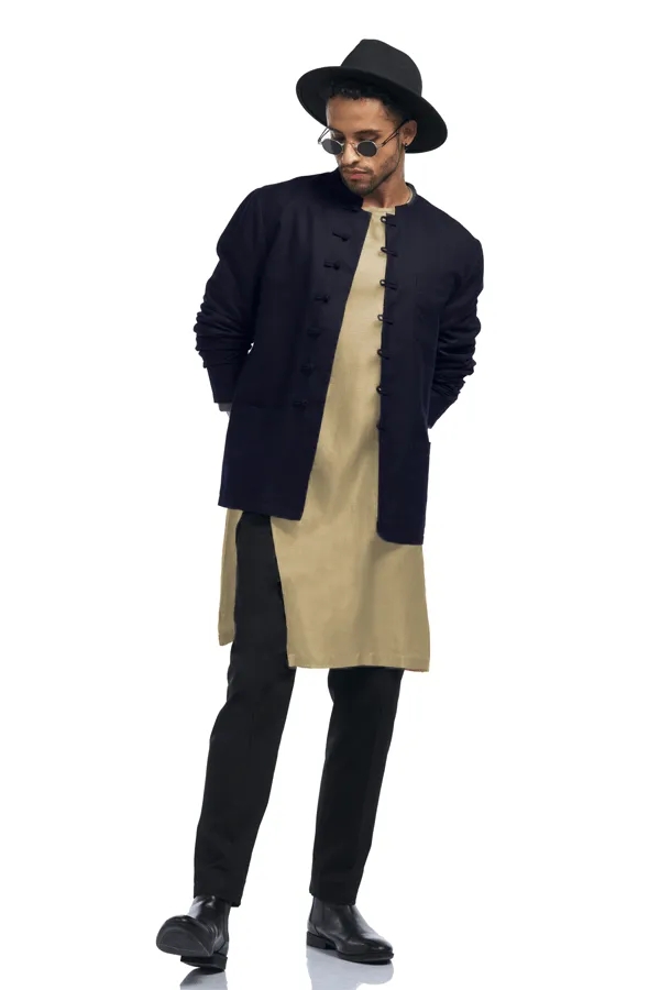 Solid linen blend shacket with knot buttons and patch pockets